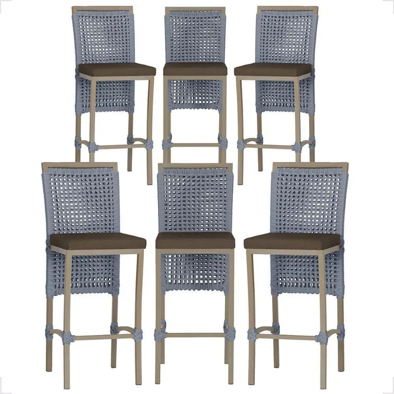 6 Banqueta Em Alumínio Roma Fendi Corda Náutica Tecido 9 Prata - Trama