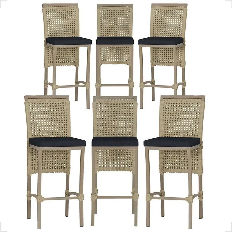 Kit 6 Banquetas Roma Alumínio Tecido Com Encosto Fixo Fendi Trama Original