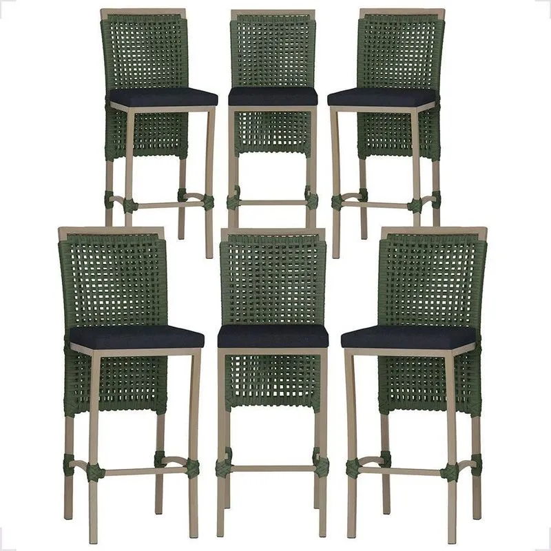 Kit 6 Banquetas Roma Alumínio Tecido Base Fixa Com Encosto Verde Trama Original