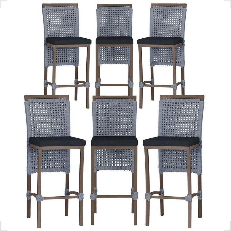 Kit 6 Banquetas Roma Alumínio Assento Tecido Com Encosto Marrom Trama Original