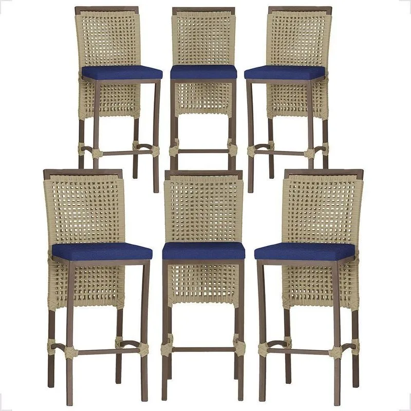 Kit 6 Banquetas Roma Alumínio Corda Náutica Assento Tecido Encosto Fixo Marrom