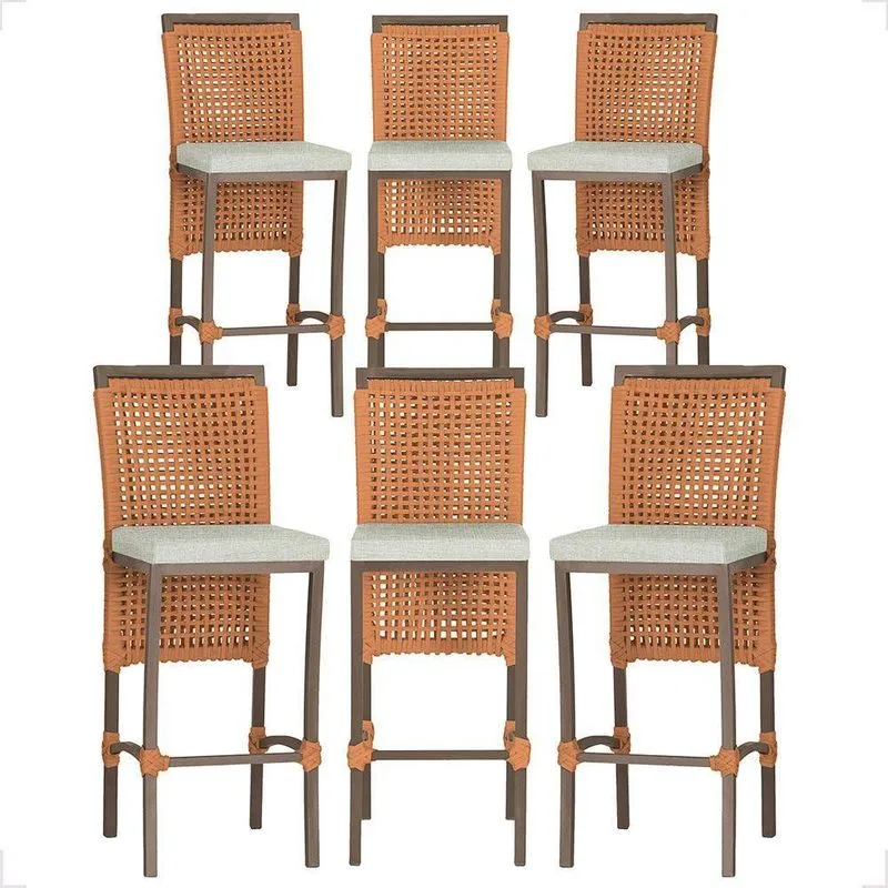 Kit 6 Banquetas Roma Alumínio Corda Náutica Estofado Marrom Trama Original