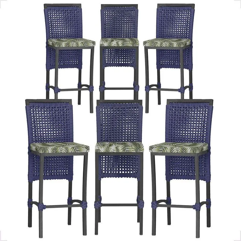6 Banqueta Em Alumínio Roma Preta Corda Náutica Tecido 5 Azul