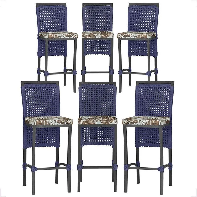 6 Banqueta Em Alumínio Roma Preta Corda Náutica Tecido 6 Azul
