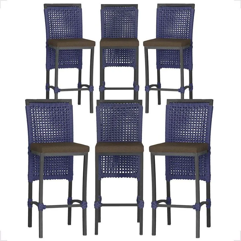 6 Banqueta Em Alumínio Roma Preta Corda Náutica Tecido 9 Azul