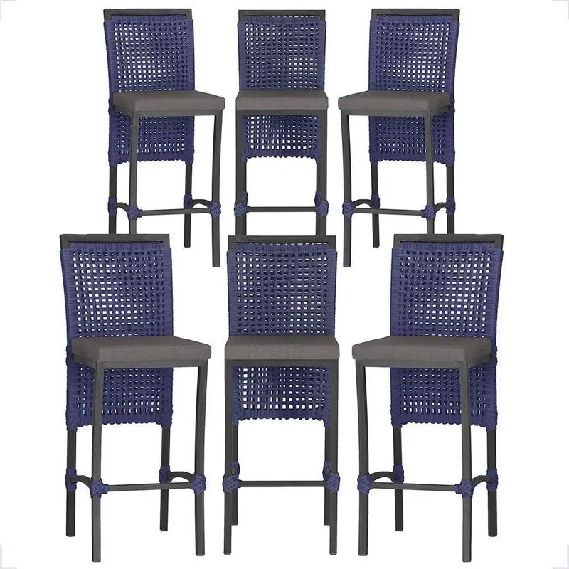 6 Banqueta Em Alumínio Roma Preta Corda Náutica Tecido 11 Azul
