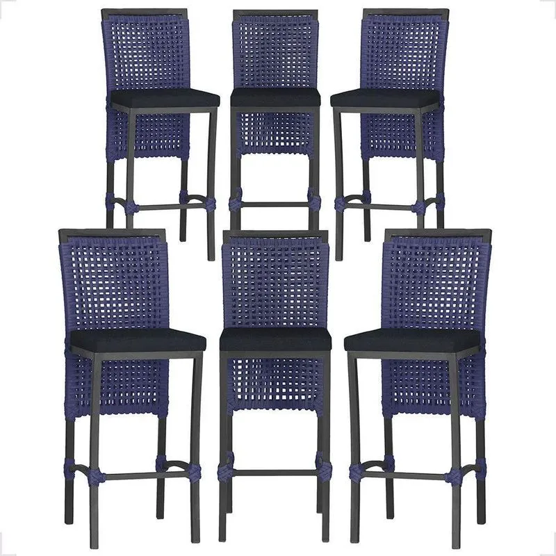 6 Banqueta Em Alumínio Roma Preta Corda Náutica Tecido 12 Azul