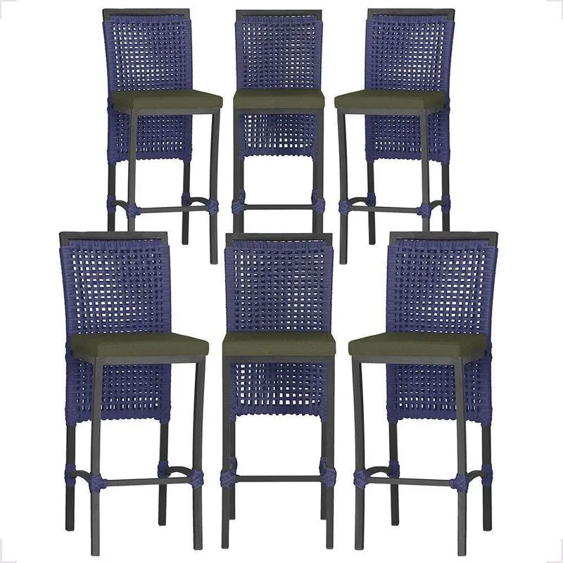 6 Banqueta Em Alumínio Roma Preta Corda Náutica Tecido 13 Azul