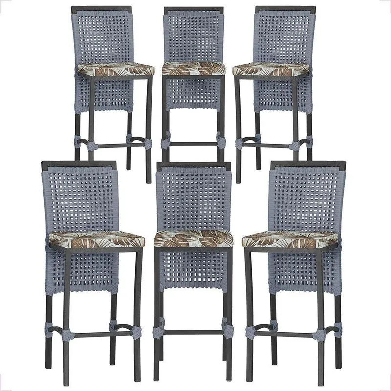 6 Banqueta Em Alumínio Roma Preta Corda Náutica Tecido 6 Prata