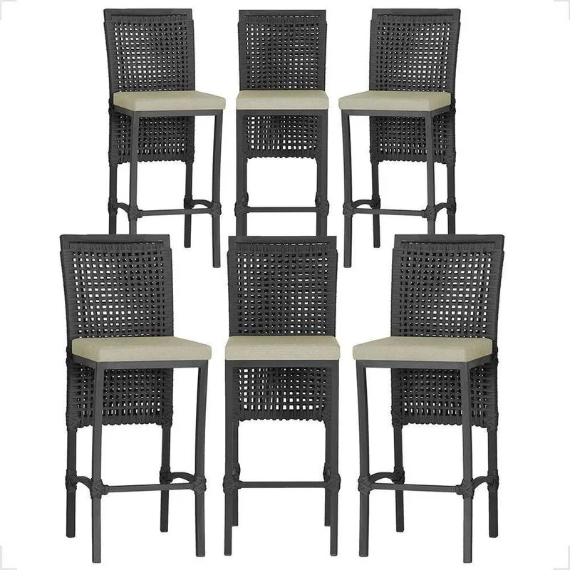 6 Banqueta Em Alumínio Roma Preta Corda Náutica Tecido 7 Preto