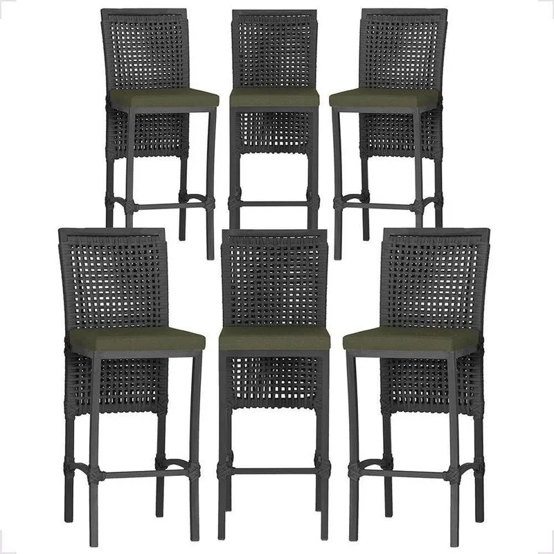 6 Banqueta Em Alumínio Roma Preta Corda Náutica Tecido 13 Preto