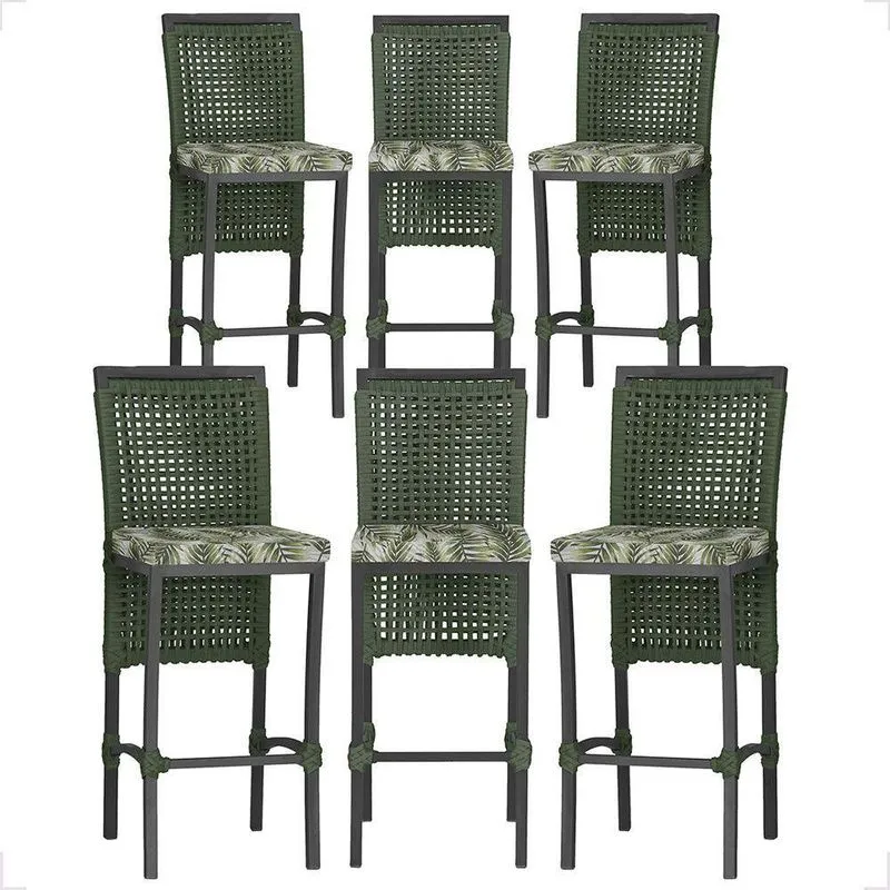 6 Banqueta Em Alumínio Roma Preta Corda Náutica Tecido 5 Verde