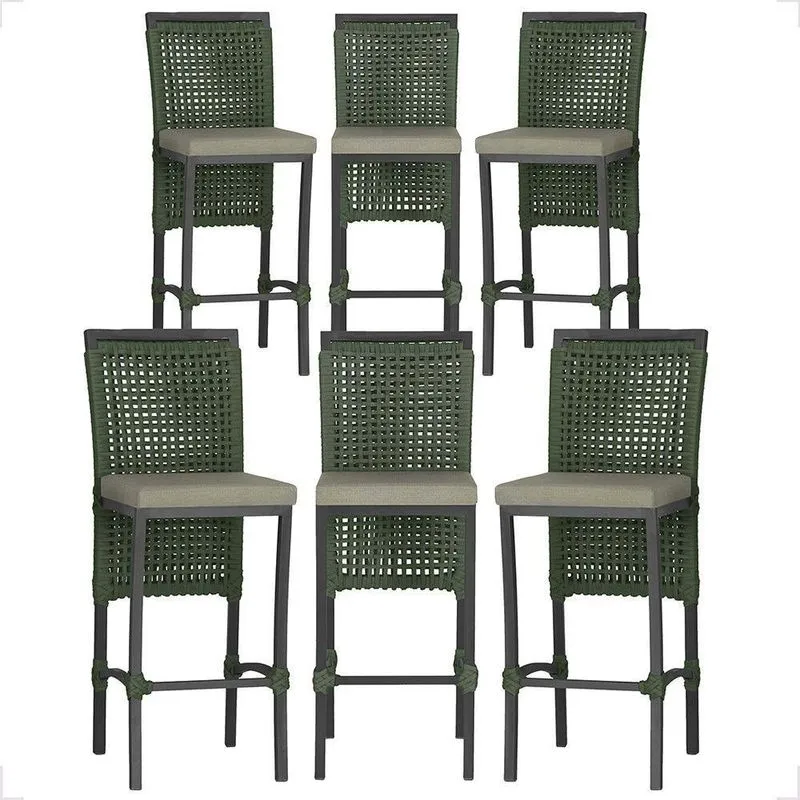 6 Banqueta Em Alumínio Roma Preta Corda Náutica Tecido 8 Verde