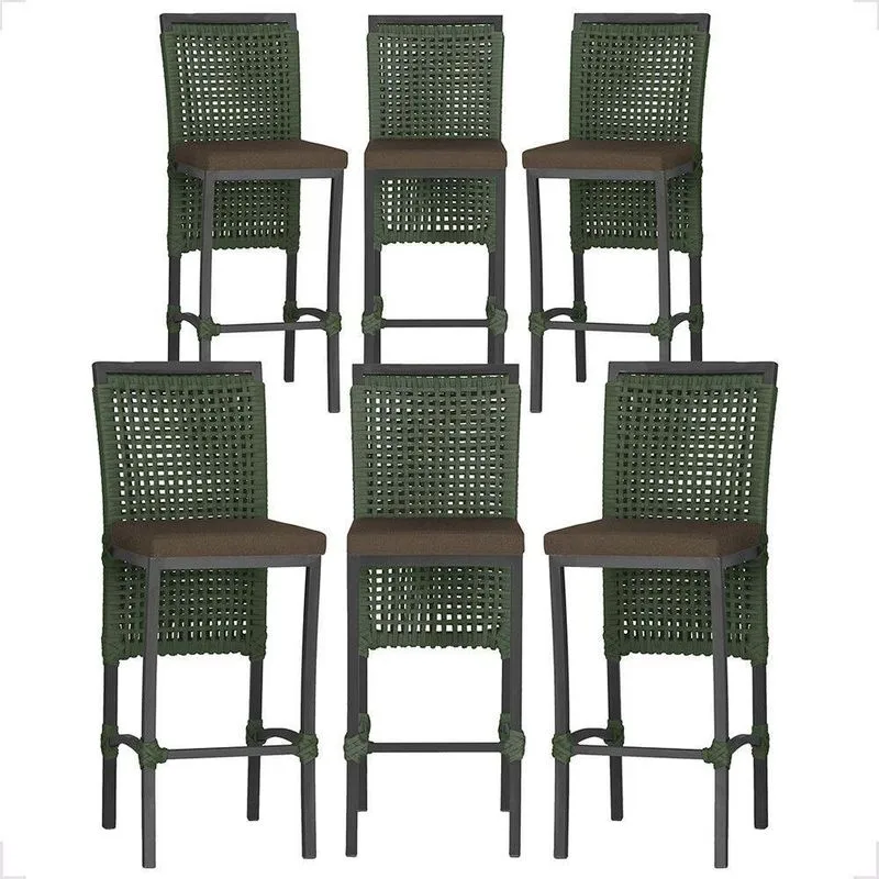 6 Banqueta Em Alumínio Roma Preta Corda Náutica Tecido 9 Verde
