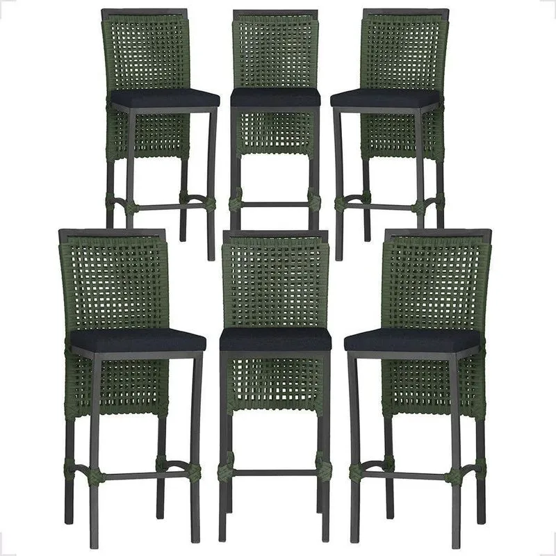 6 Banqueta Em Alumínio Roma Preta Corda Náutica Tecido 12 Verde