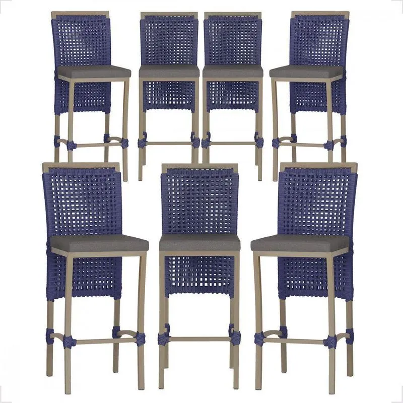 7 Banqueta Em Alumínio Roma Fendi Corda Náutica Tecido 11 Azul Unico