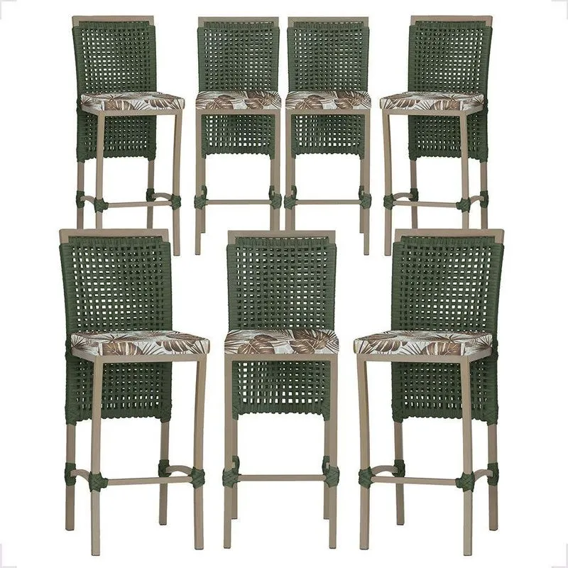 Kit 7 Banquetas Roma Alumínio Assento Tecido Fixo Com Encosto Verde Trama Original