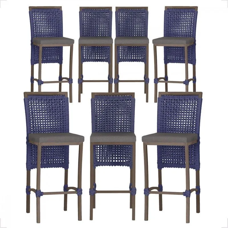 7 Banqueta Em Alumínio Roma Marrom Corda Náutica Tecido 11 Azul Unico