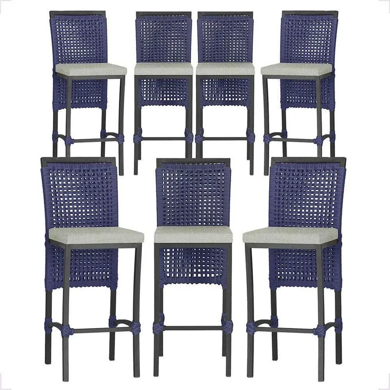 7 Banqueta Em Alumínio Roma Preta Corda Náutica Tecido 3 Azul