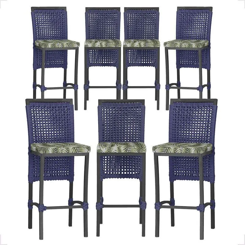 7 Banqueta Em Alumínio Roma Preta Corda Náutica Tecido 5 Azul