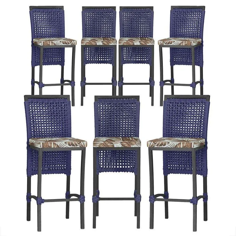 7 Banquetas Em Alumínio Roma Preta Corda Náutica Tecido 6 Azul
