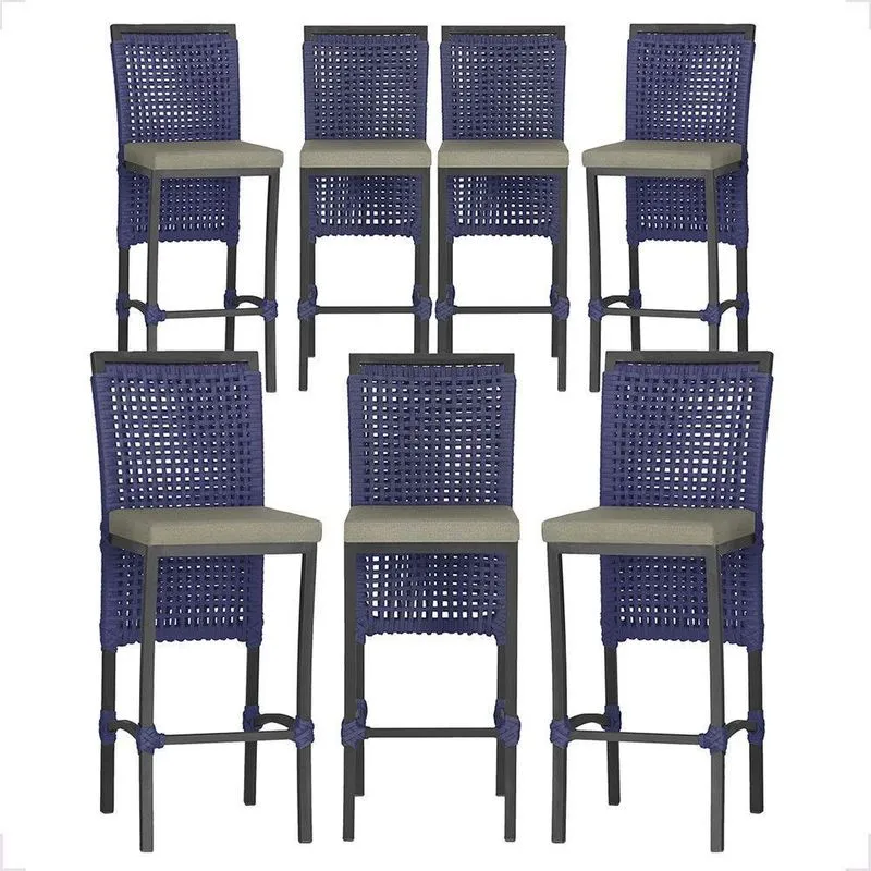 7 Banquetas Em Alumínio Roma Preta Corda Náutica Tecido 8 Azul