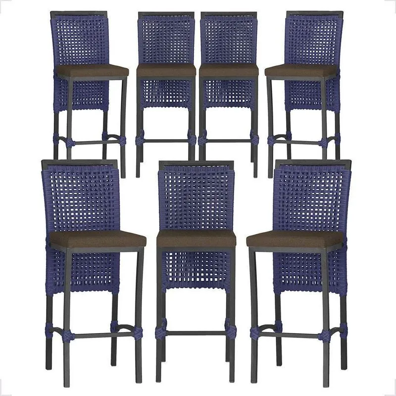 7 Banquetas Em Alumínio Roma Preta Corda Náutica Tecido 9 Azul