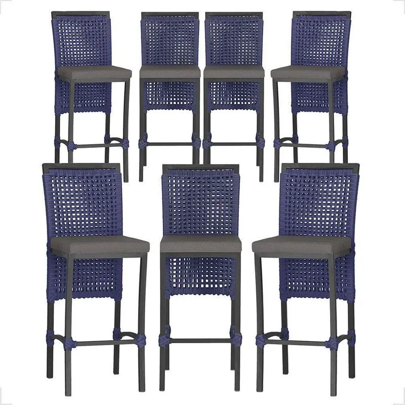7 Banquetas Em Alumínio Roma Preta Corda Náutica Tecido 11 Azul