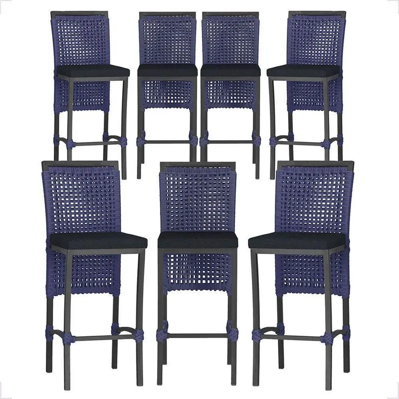 7 Banquetas Em Alumínio Roma Preta Corda Náutica Tecido 12 Azul