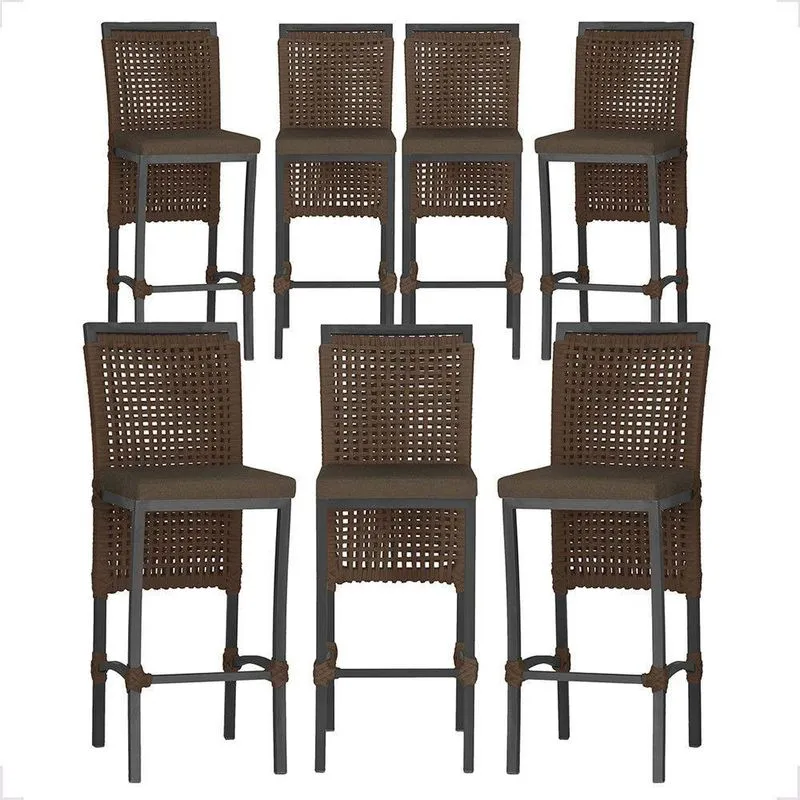 7 Banquetas Em Alumínio Roma Preta Corda Náutica Tecido 9 Marrom