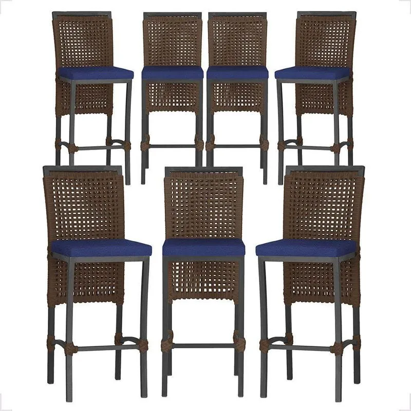 7 Banquetas Em Alumínio Roma Preta Corda Náutica Tecido 10 Marrom