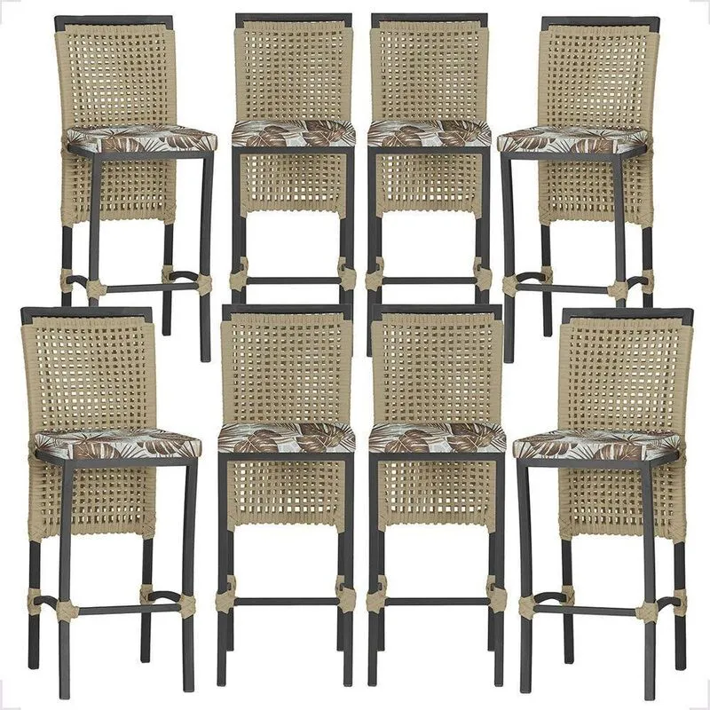 8 Banquetas Em Alumínio Roma Preta Corda Náutica Tecido 6 Terra Cota