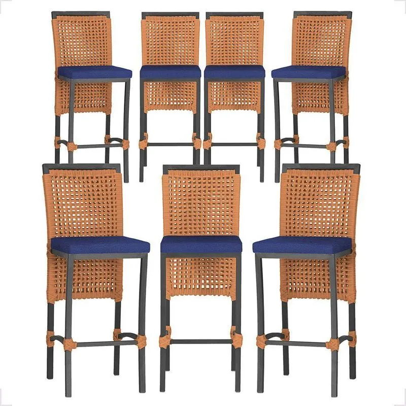 7 Banquetas Em Alumínio Roma Preta Corda Náutica Tecido 10 Terra Cota