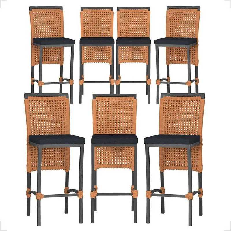 7 Banquetas Em Alumínio Roma Preta Corda Náutica Tecido 12 Terra Cota