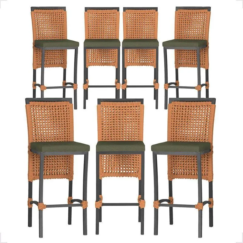 7 Banquetas Em Alumínio Roma Preta Corda Náutica Tecido 13 Terra Cota