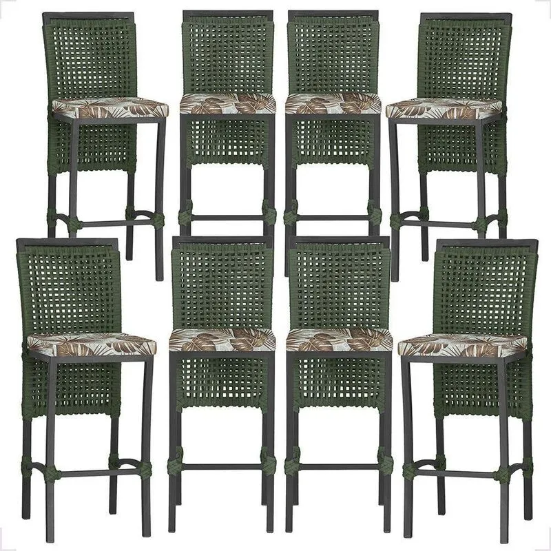8 Banquetas Em Alumínio Roma Preta Corda Náutica Tecido 6 Verde