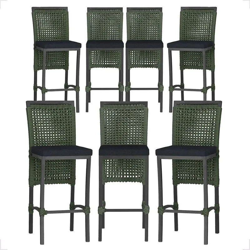 7 Banquetas Em Alumínio Roma Preta Corda Náutica Tecido 12 Verde