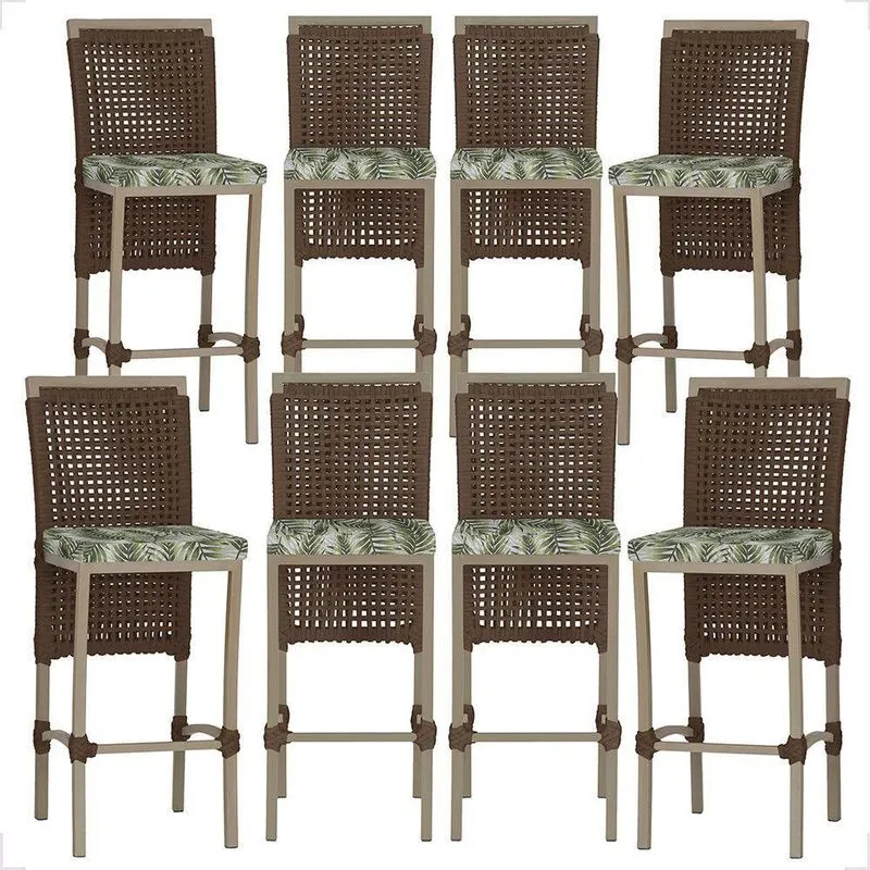8 Banqueta Em Alumínio Roma Fendi Corda Náutica Tecido 5 Marrom