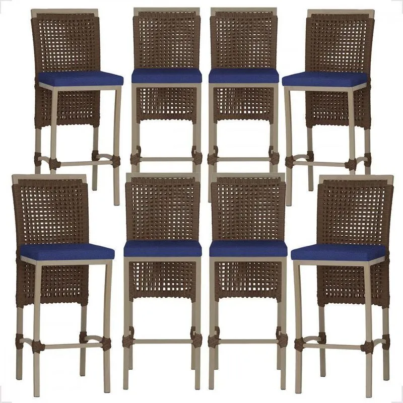 8 Banqueta Em Alumínio Roma Fendi Corda Náutica Tecido 10 Marrom Unico
