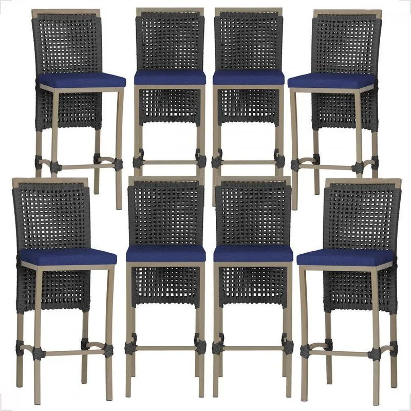 8 Banqueta Em Alumínio Roma Fendi Corda Náutica Tecido 10 Preta Unico