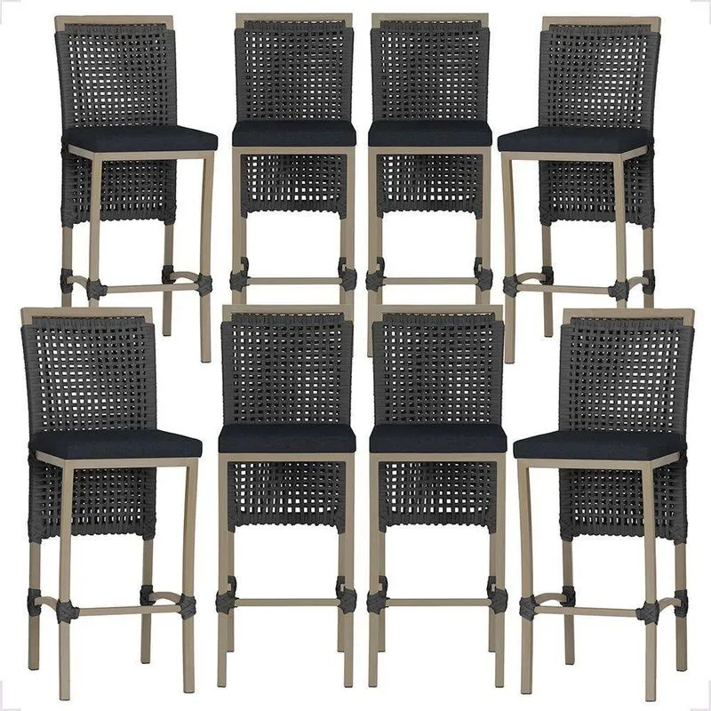 Kit 8 Banquetas Roma Alumínio Tecido Fixo Com Encosto Fendi Preto Trama Original
