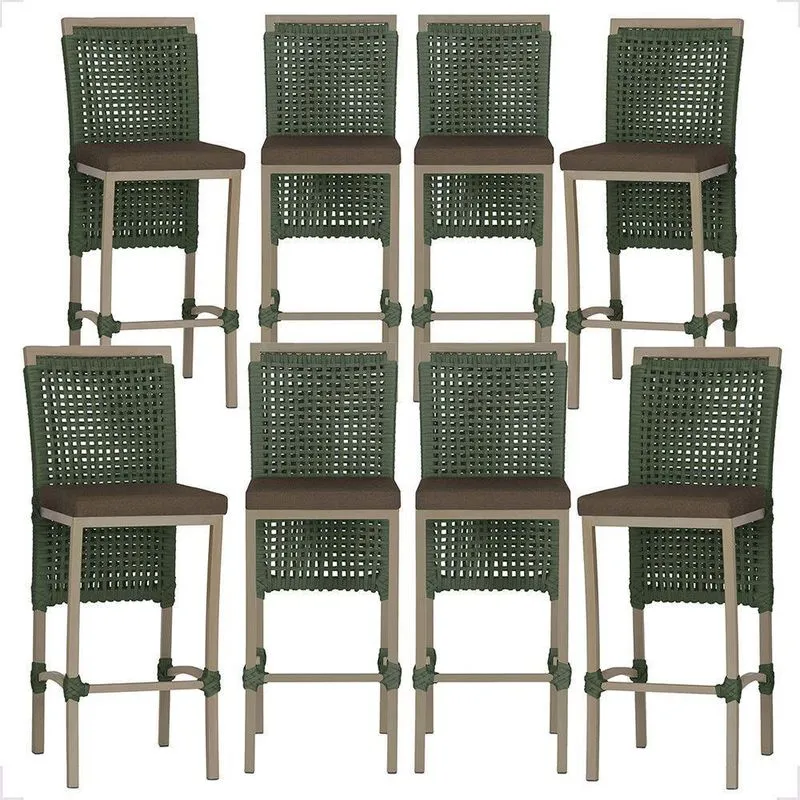 Kit 8 Banquetas Roma Alumínio Tecido Com Encosto Verde Trama Original