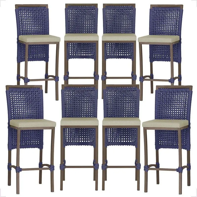 8 Banqueta Em Alumínio Roma Marrom Corda Náutica Tecido 7 Azul