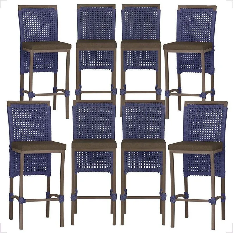 Kit 8 Banquetas Roma Alumínio Assento Em Tecido Encosto Fixo Marrom Trama Original