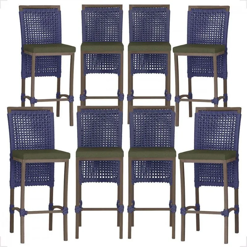 8 Banqueta Em Alumínio Roma Marrom Corda Náutica Tecido 13 Azul Unico
