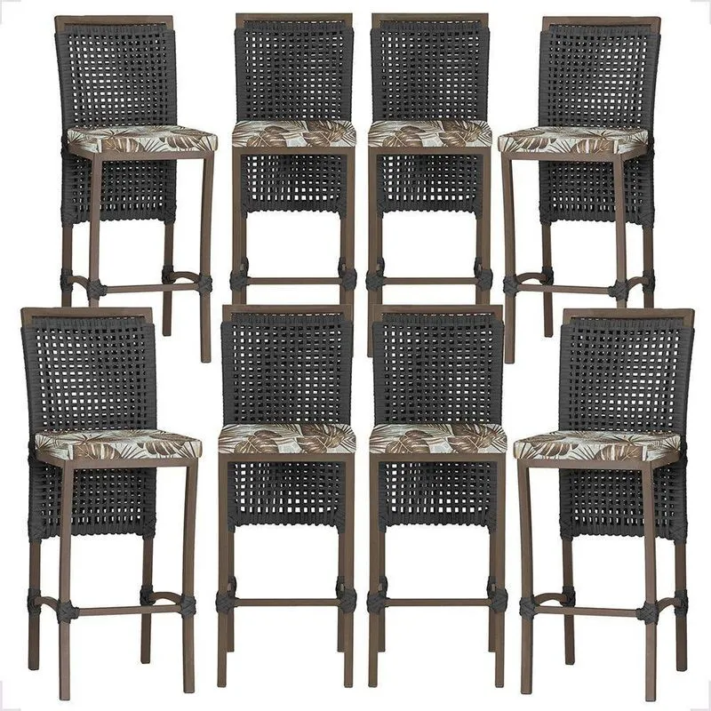 Kit 8 Banquetas Roma Tecido Alumínio Encosto Fixo Marrom Trama Original
