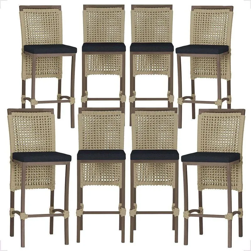 Kit 8 Banquetas Roma Tecido Alumínio Com Encosto Fixo Marrom Trama Original