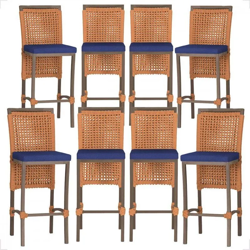 8 Banqueta Em Alumínio Roma Marrom Corda Náutica Tecido 10 Terra Cota Unico