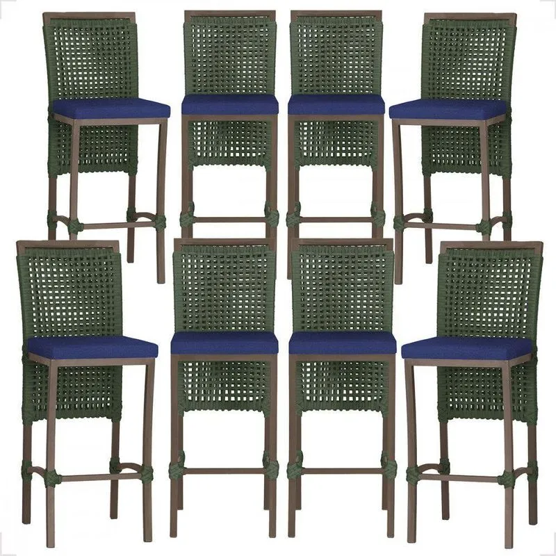 8 Banqueta Em Alumínio Roma Marrom Corda Náutica Tecido 10 Verde Unico