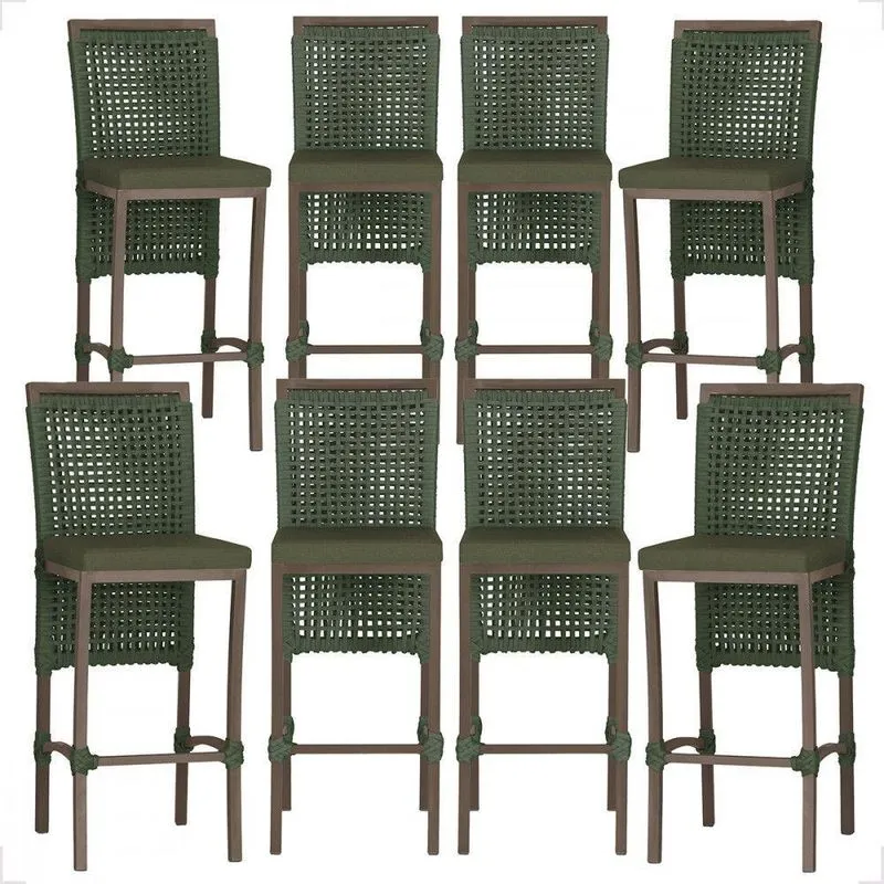 8 Banqueta Em Alumínio Roma Marrom Corda Náutica Tecido 13 Verde Unico